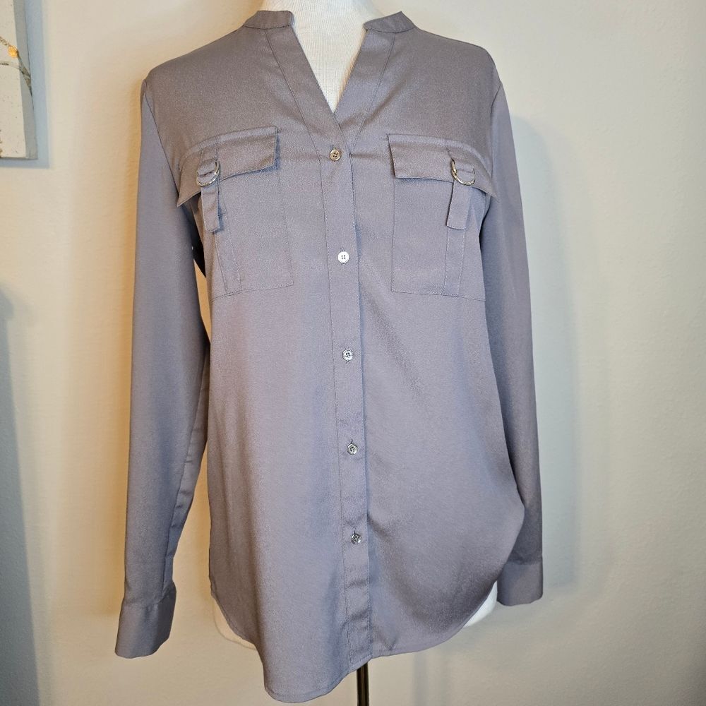 Calvin Klein long-sleeve button-down blouse Grey Size small